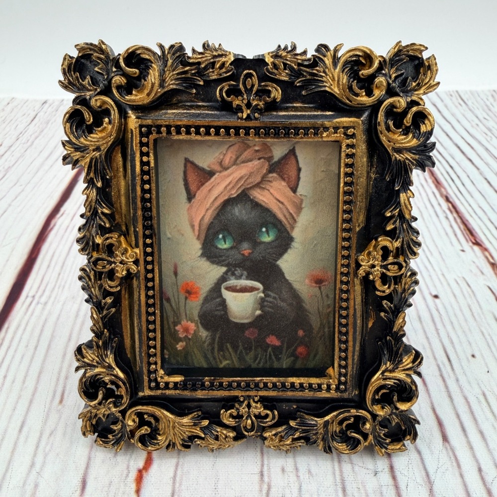 Handmade Black Cat Coffee Decoupage Art Ornate Gold Black Resin Frame